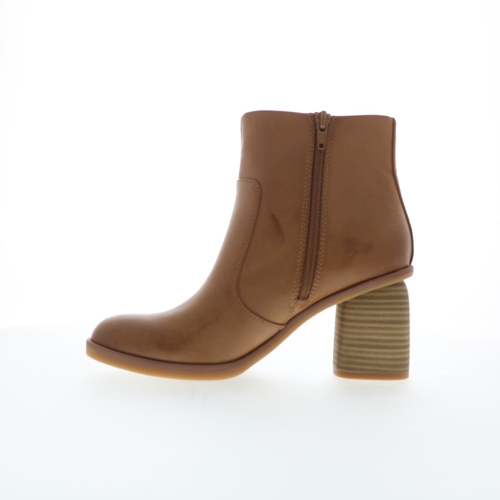 Kork-Ease Destiny Tan Leather Booties Block Heel Side Zip Round Toe Booties